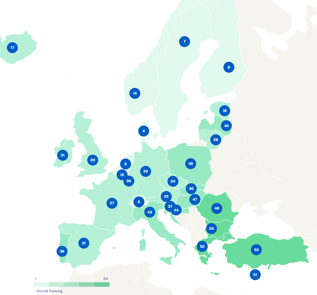 Europakarte mit den jeweiligem Digitalisierungsindex des jeweiligen Landes.