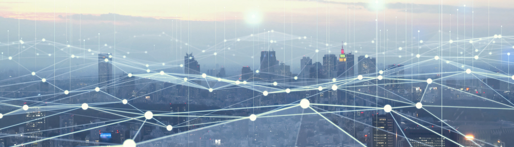 Die Standortde der BLUE, verteilt über Deutschland dargestellt durch dein Netz über eine Skyline