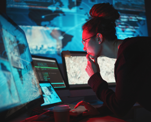 Cybersecurity woman and computer with global netw 2025 04 06 11 22 50 utc