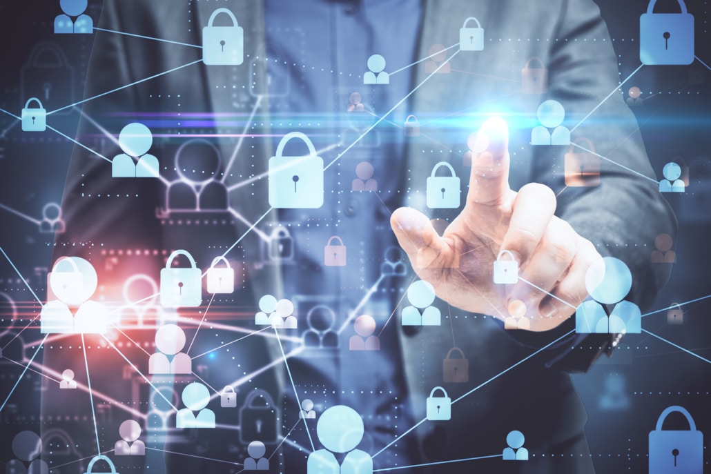 Businessman using glowing digital padlock interfac