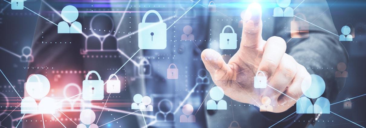 Businessman using glowing digital padlock interfac