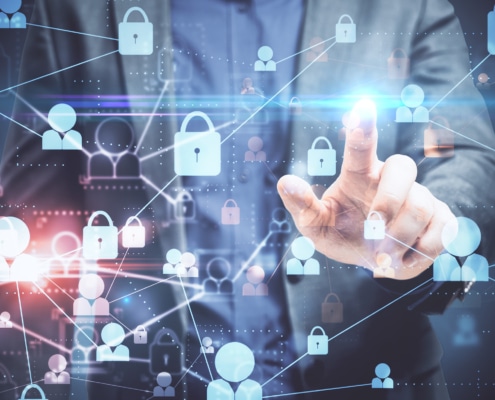 Businessman using glowing digital padlock interfac