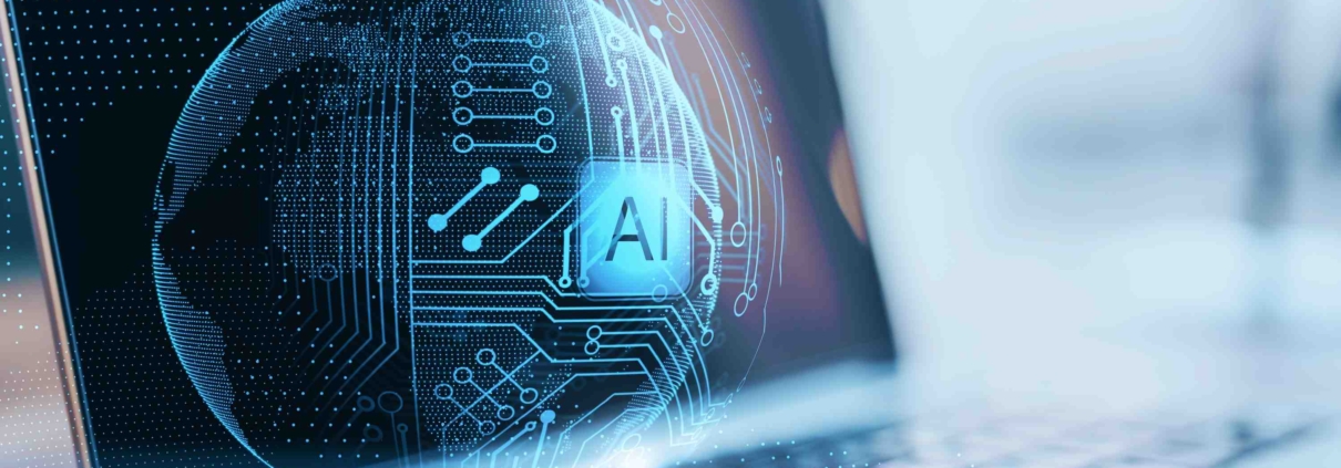 Laptop mit holographischem AI Symbol und digitaler Schnittstelle